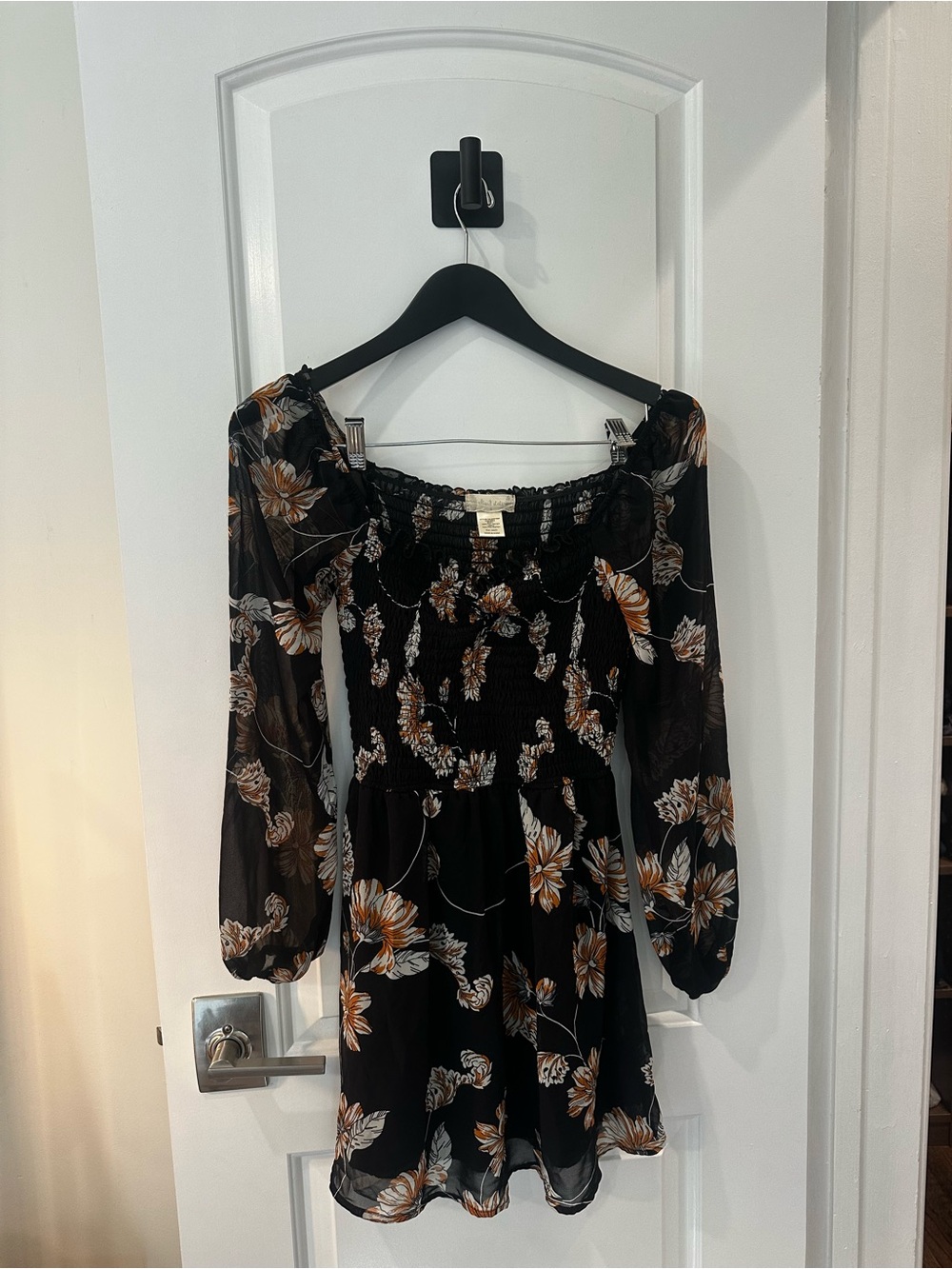 Altar'd State Black Floral Long-Sleeve Smocked Mini Dress with Brown Accents